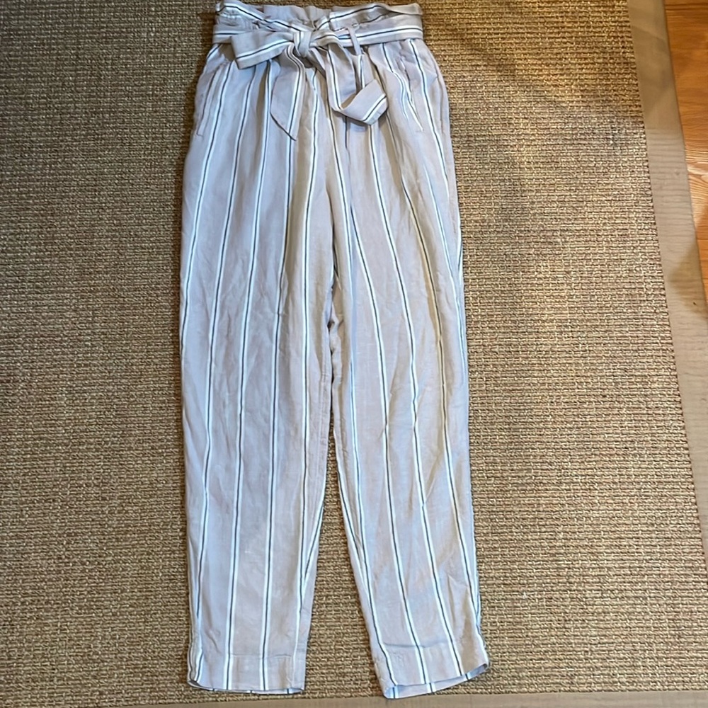 H&M Paper-Bag Tie-Waist Striped Linen Pants Size 2